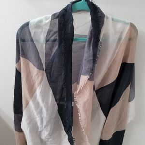 Black, Grey, Cream & Tan Color Block Rectangle Scarf Shoulder Wrap with Fringe